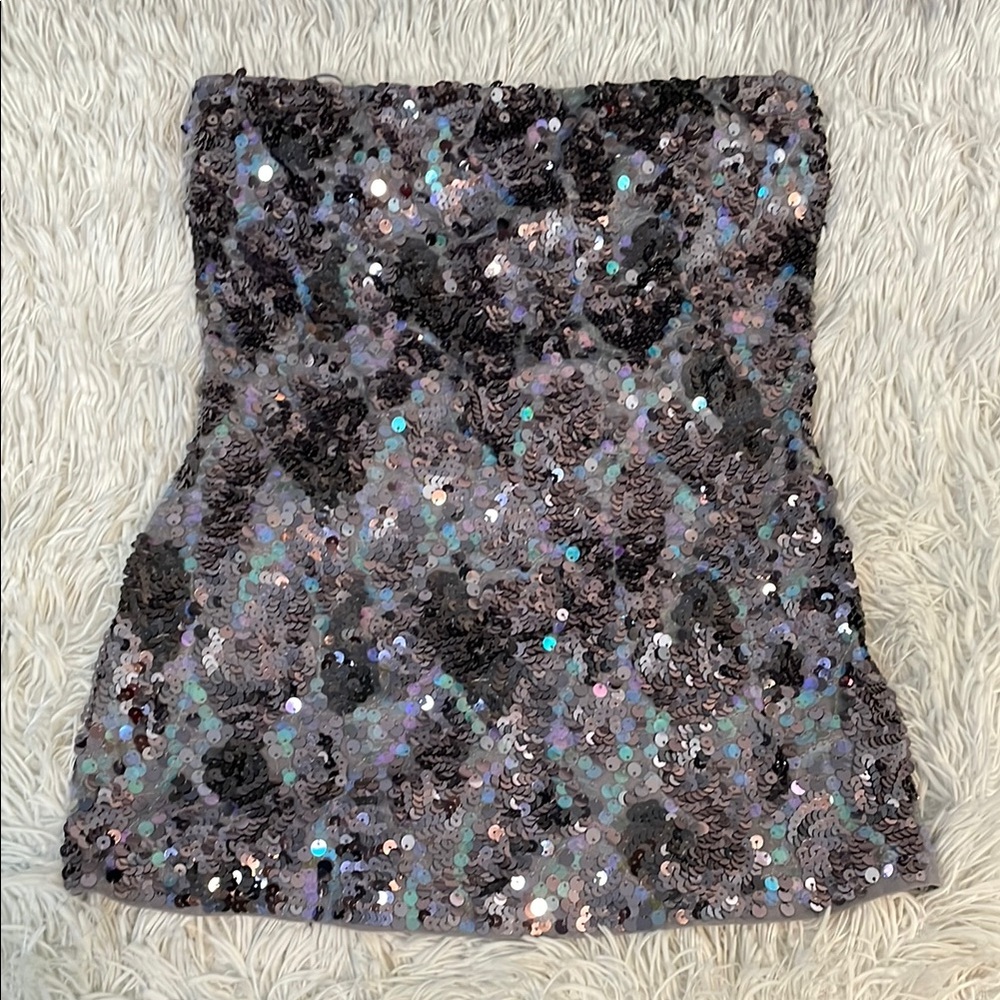 Express Sequin Tube Top - Black and Silver